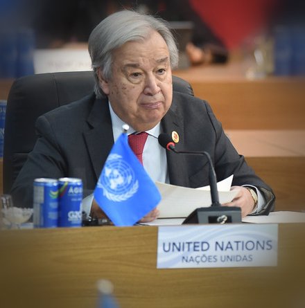 António Guterres ao microfone Hoffmann na Cúpula do G20